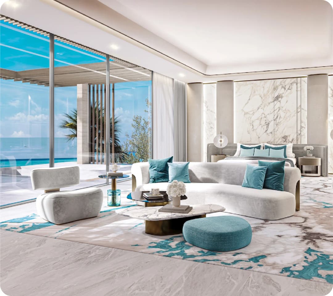 غرفة نوم فاخرة بإطلالة على المحيط وديكور عصري