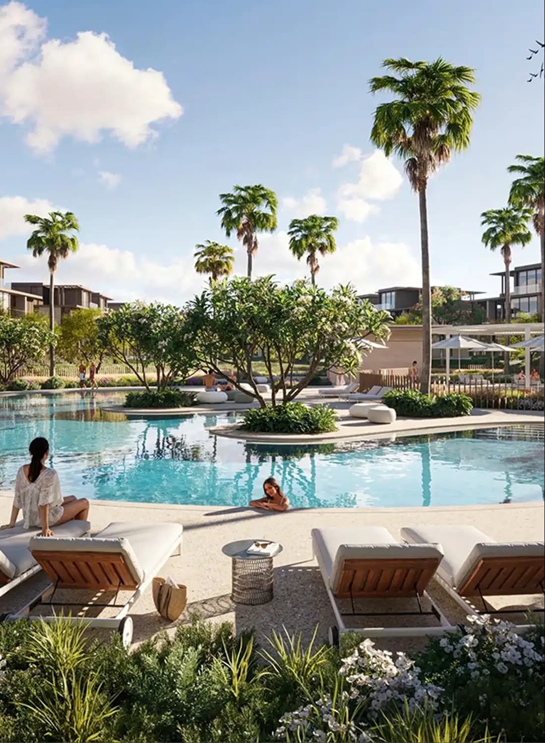 Serene poolside scene with palm trees, loungers, and people