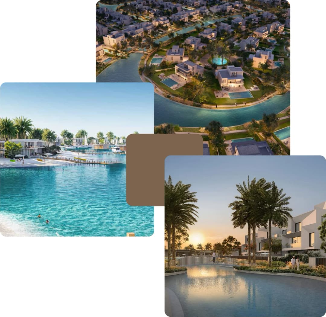 Crystal lagoons and villas with sunset views