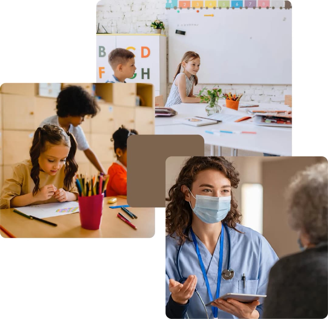 Kids in classroom and nurse assisting patient