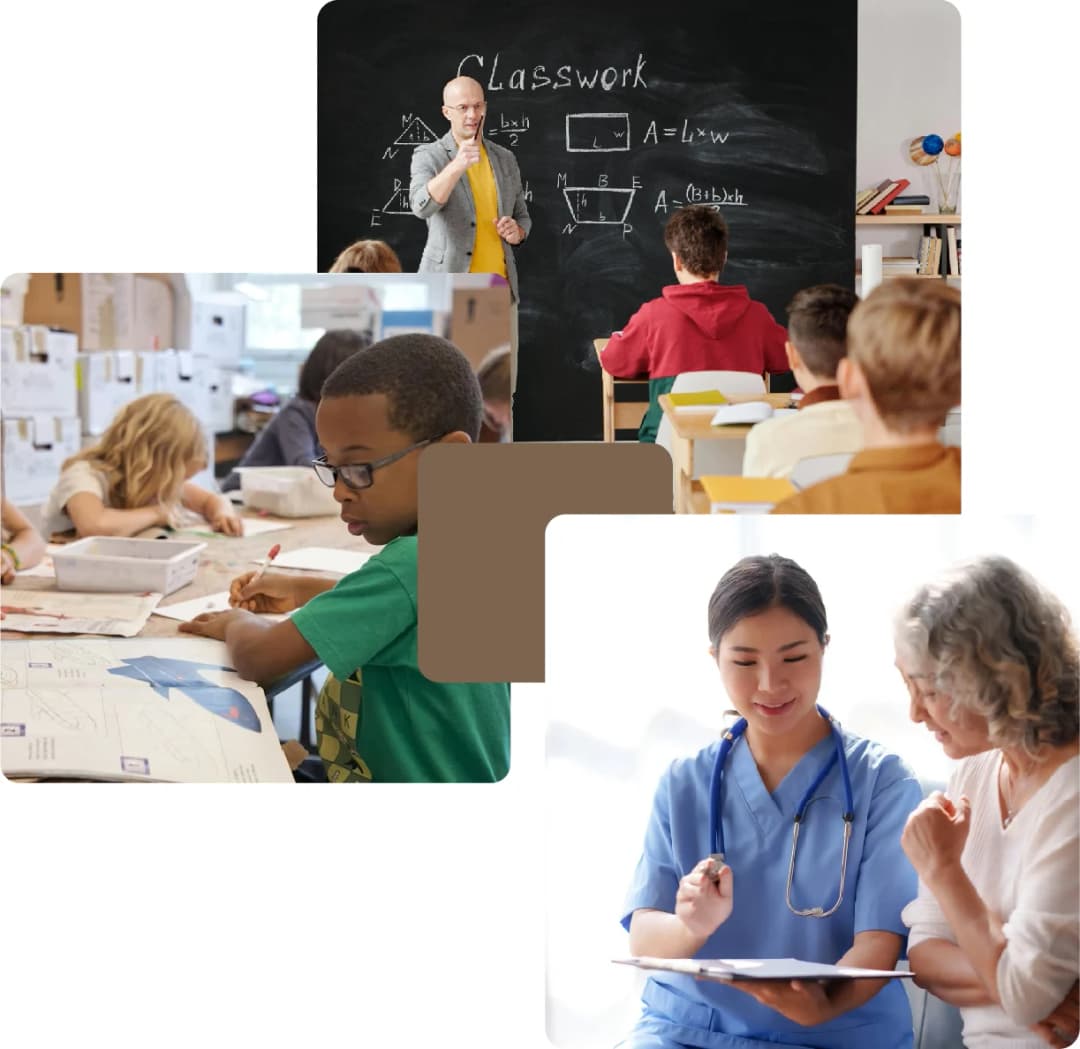 Students in class and caring healthcare workers