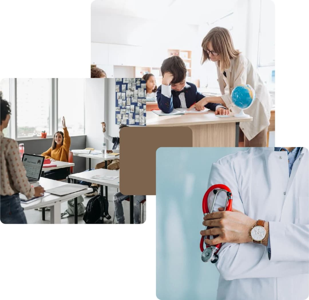 Students learning, doctor holding stethoscope