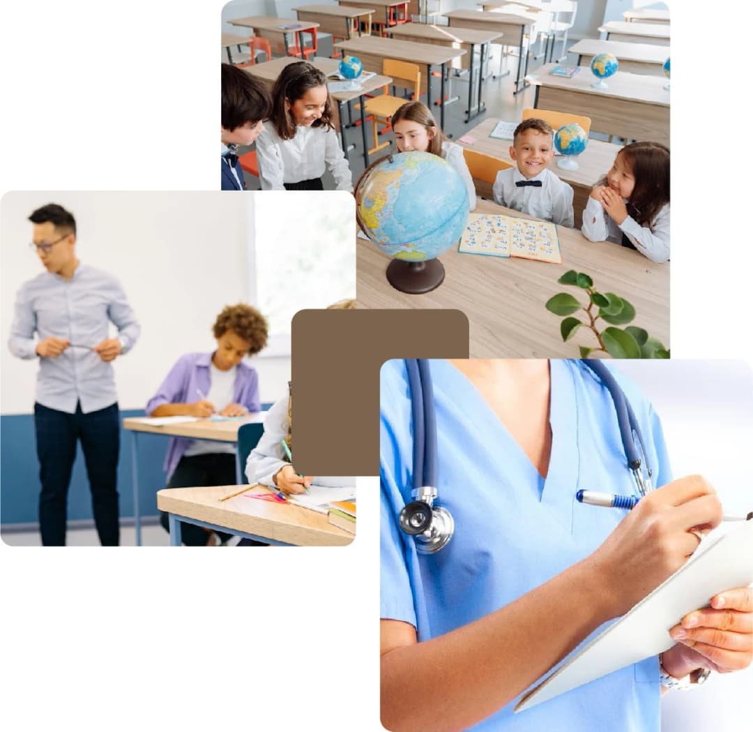 Children in class and a doctor with a clipboard