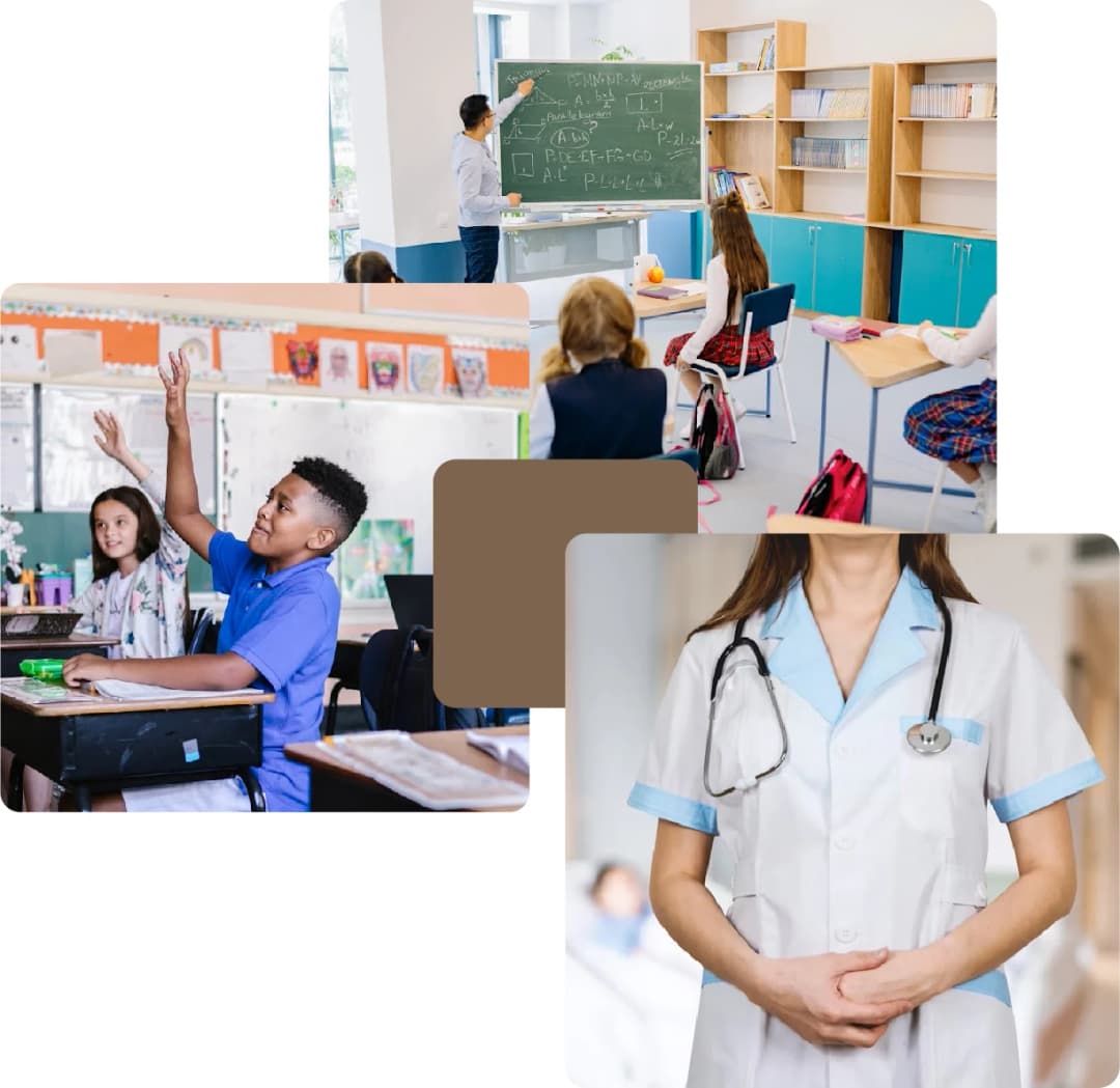 Classroom scenes with students and doctor image