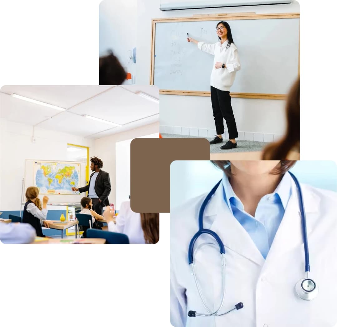 Teachers instructing and a doctor in uniform