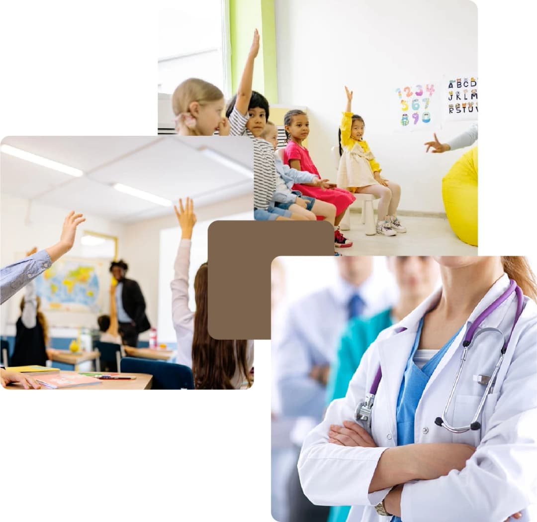 يتعلم طلاب المرحلة الابتدائية في الفصل الدراسي والعامل الصحي يستشير المريض