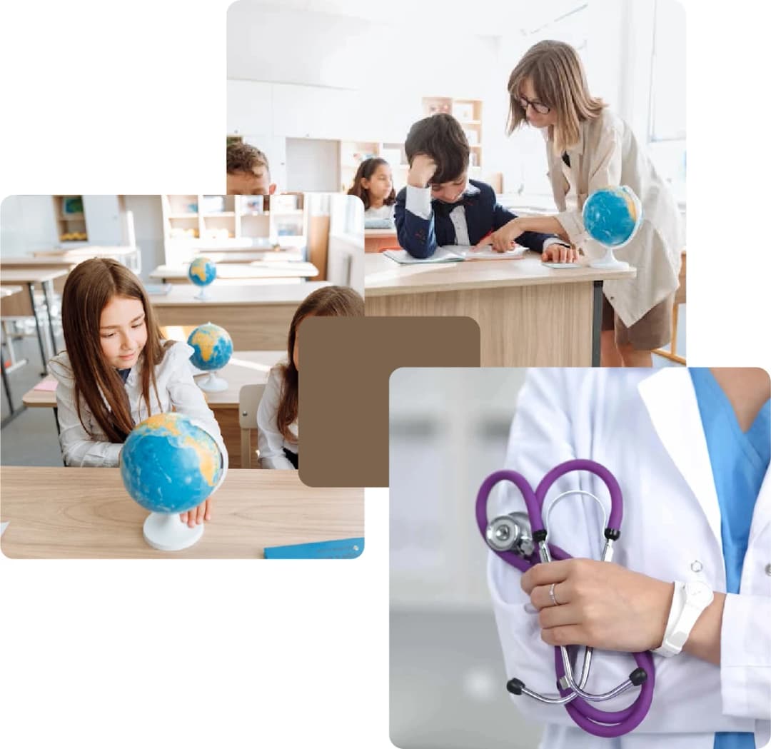 School kids learning with globes and books