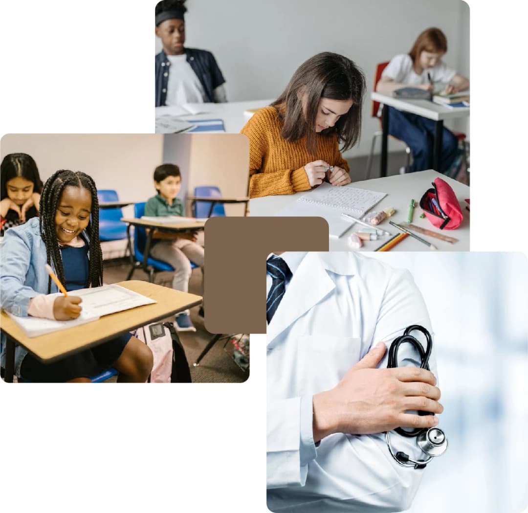 Children engaged in classroom activities and a doctor’s close-up