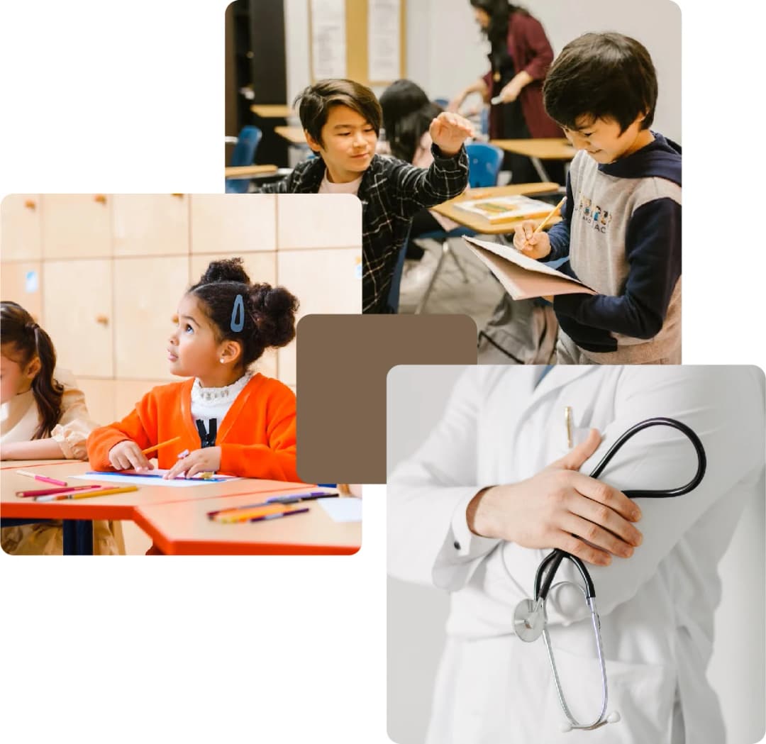 Kids learning in class and a doctor with stethoscope