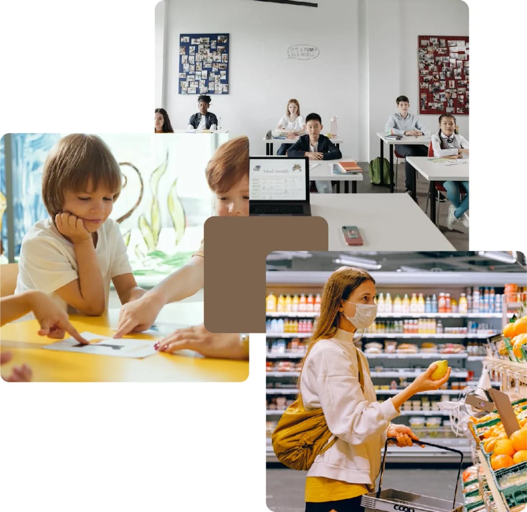 Children learning in classroom and woman shopping