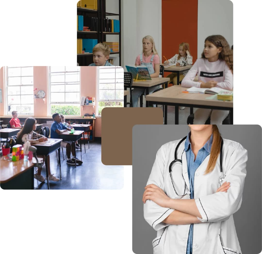 Modern classrooms and female healthcare doctor