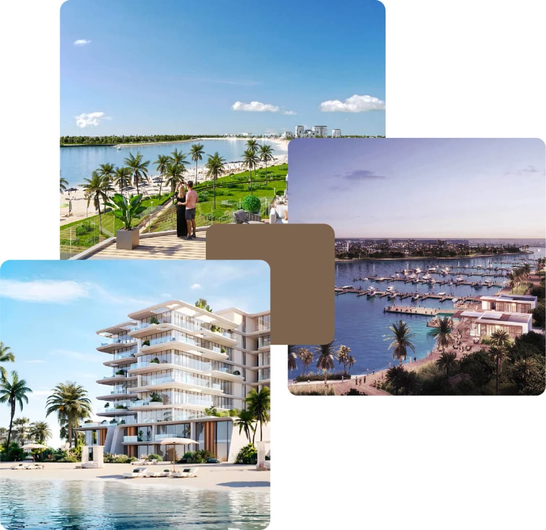 Coastal apartments, marina, palm-lined beach