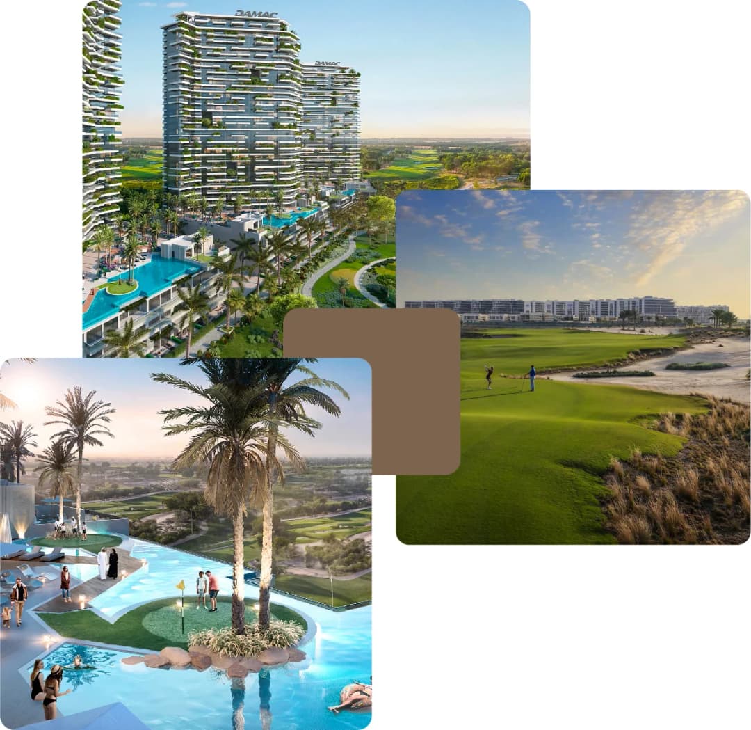 Resort-style towers with golf and pool views