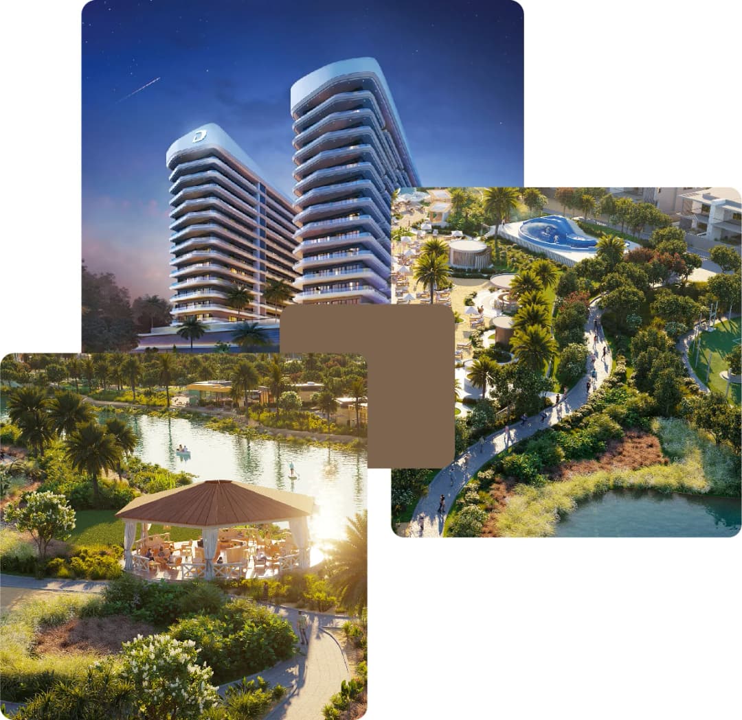 Residential complex with canal-side walkways and gazebo