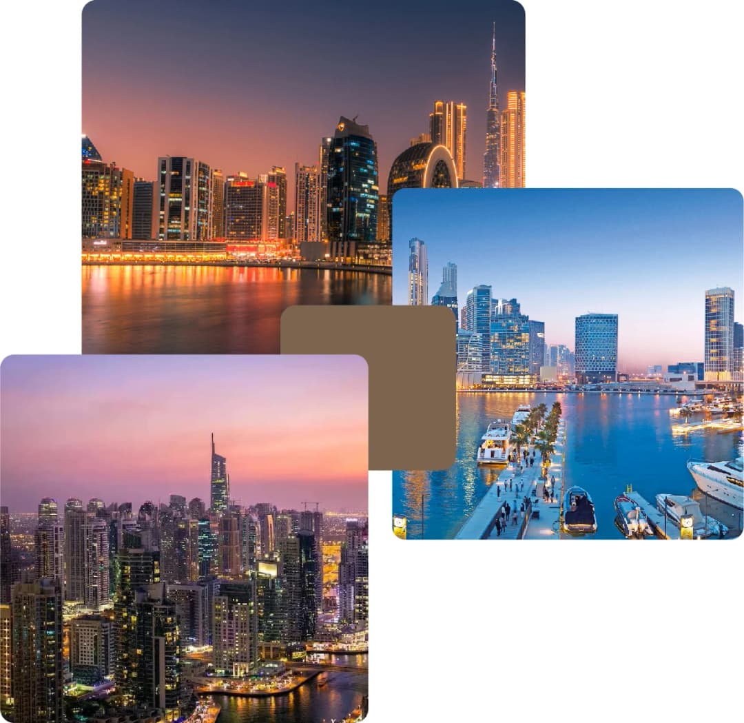 Dubai waterfront and marina at golden hour