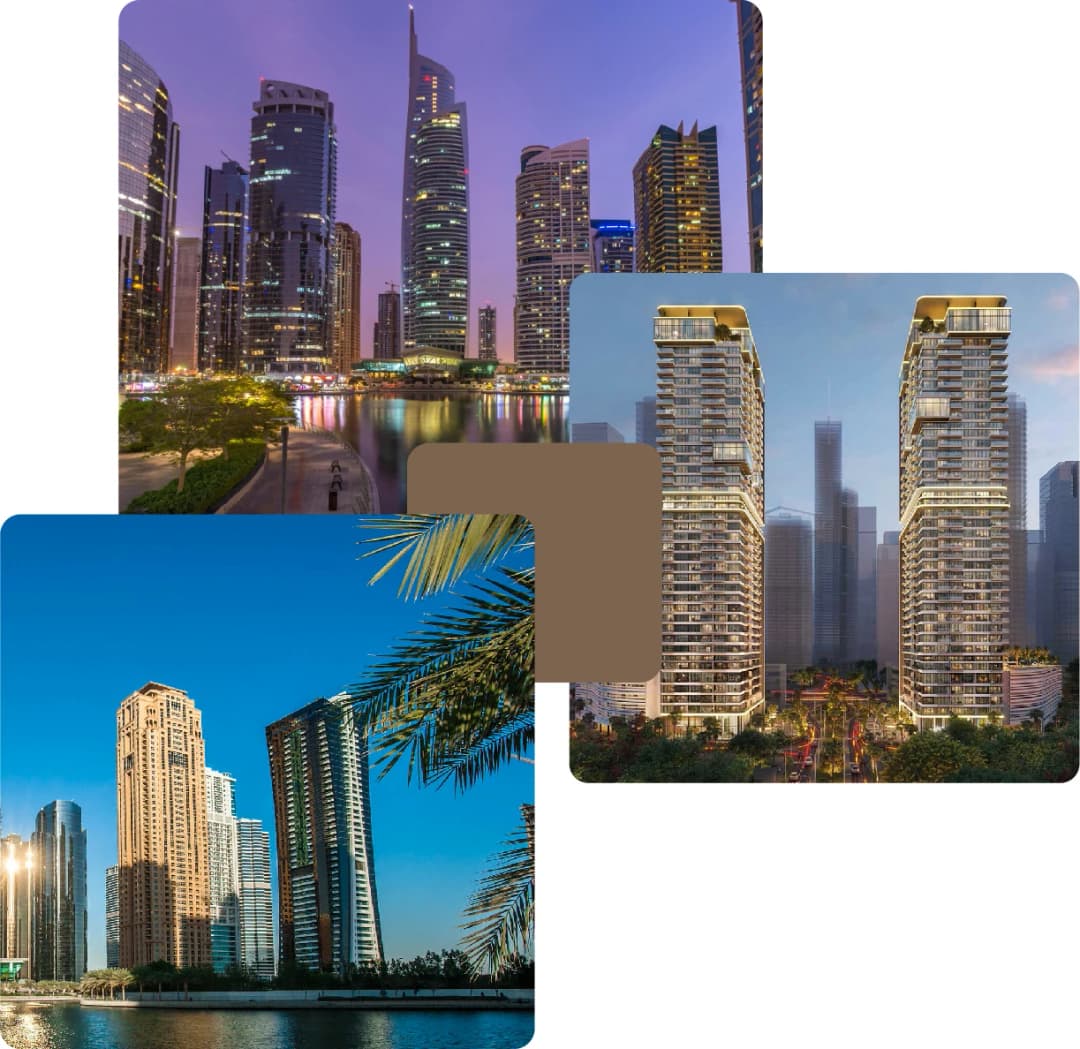 City towers reflecting in water during twilight