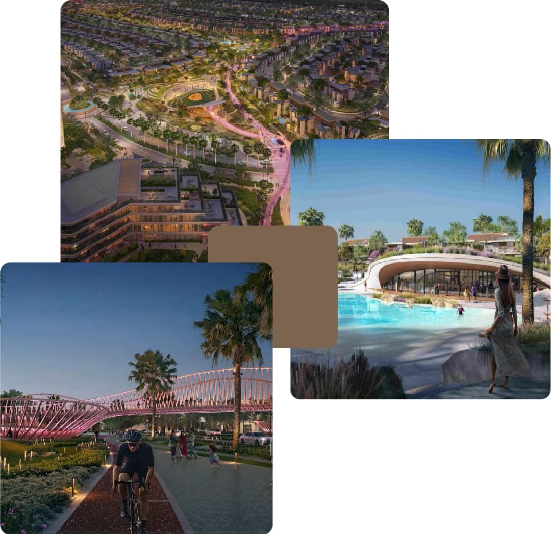 Night view of villas, bridge and lagoon clubhouse