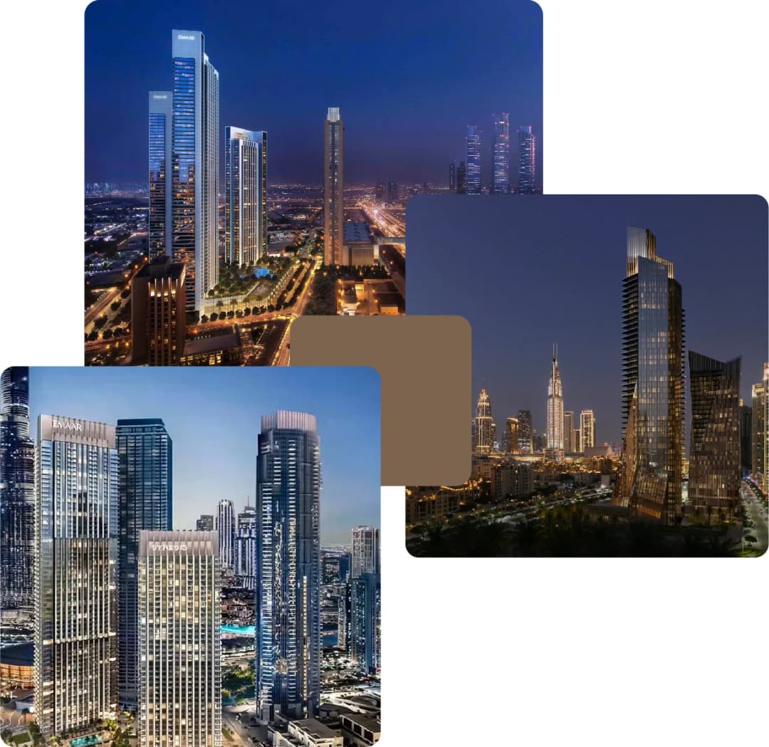 Nighttime skyline of Dubai with illuminated skyscrapers
