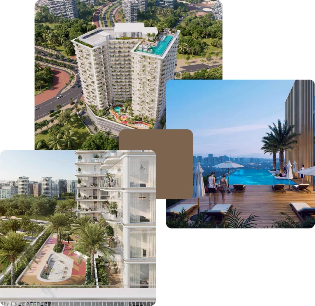 Aerial view of residential tower with rooftop pool