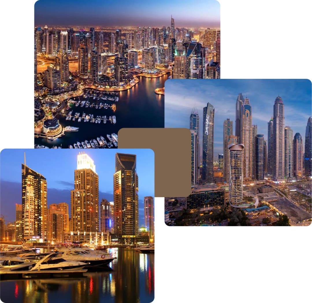 Skyscrapers and yachts at Dubai Marina by night