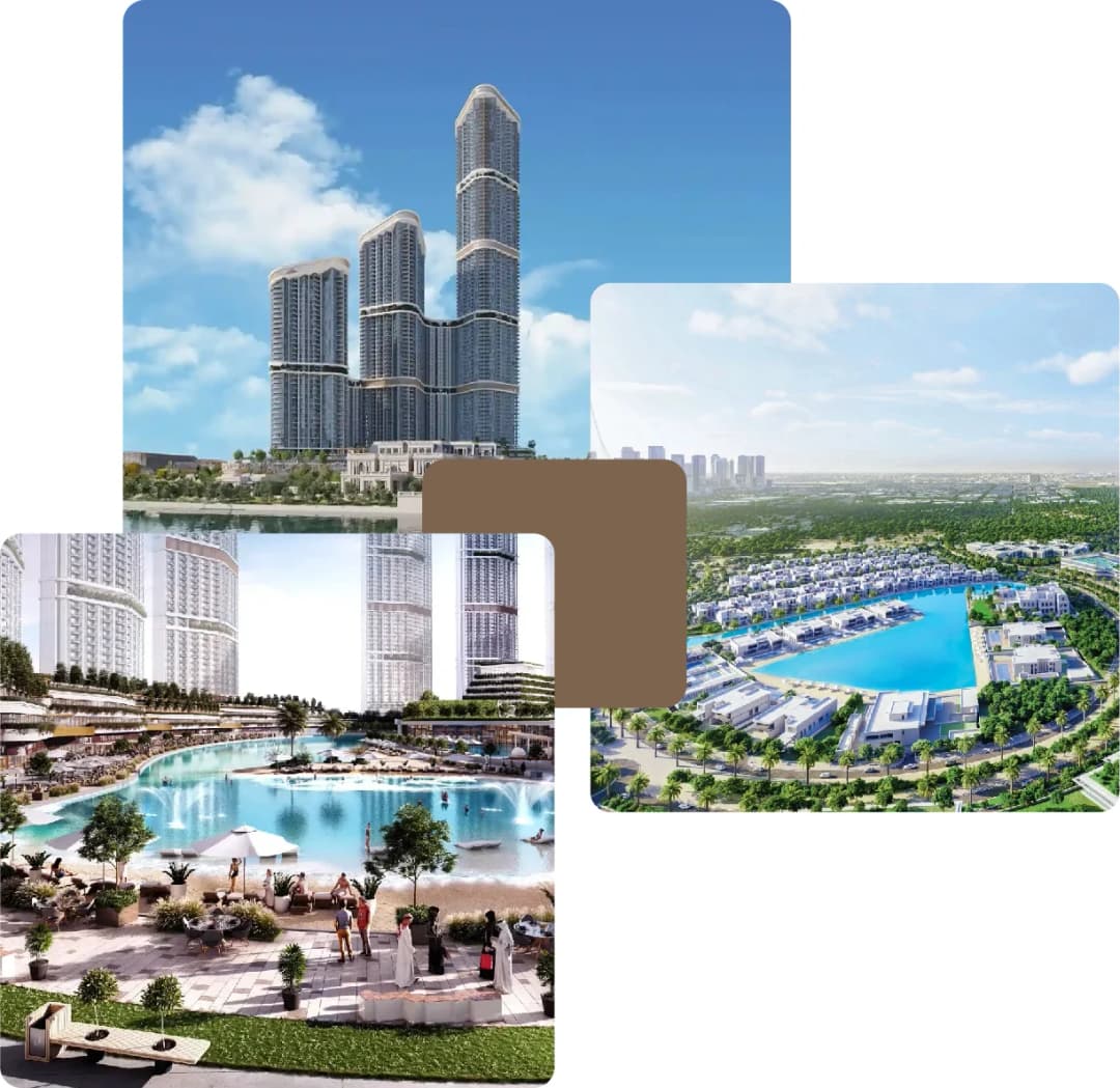 Modern residential towers with lagoons and greenery