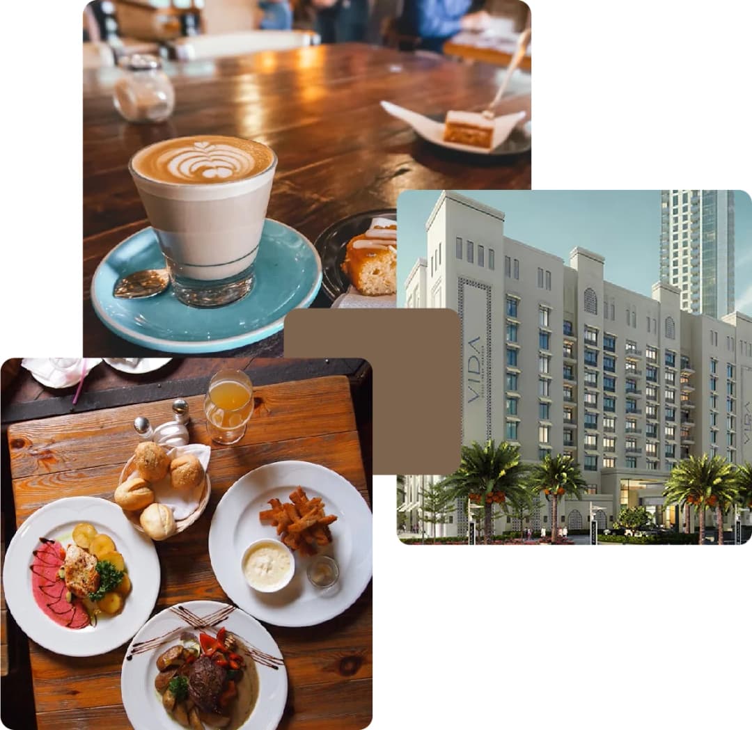 Fine dining, shopping mall, hotel room