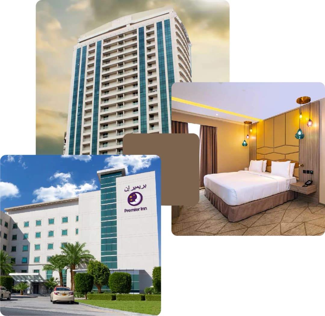 Premier Inn hotel buildings and cozy bedroom