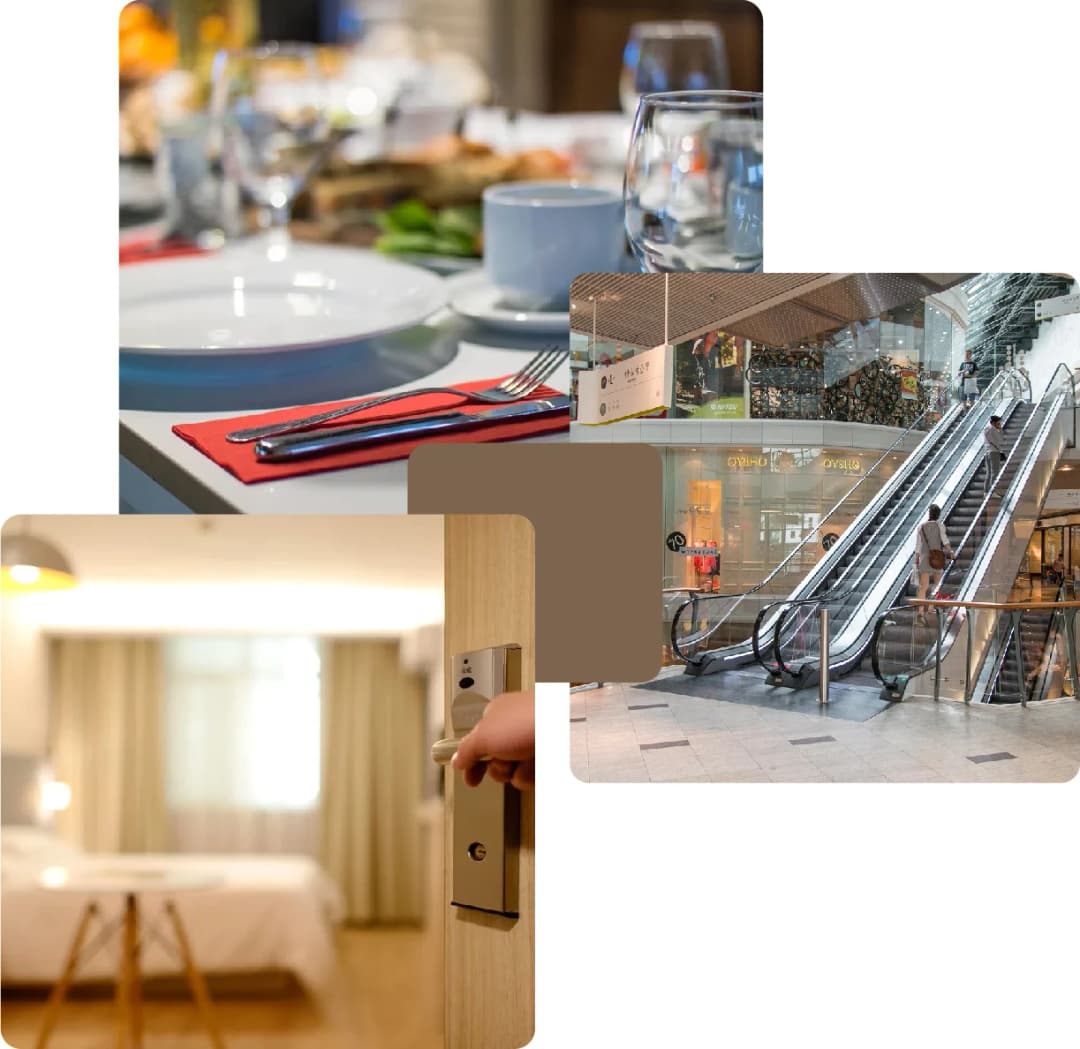 Restaurant setup, mall escalator, hotel door