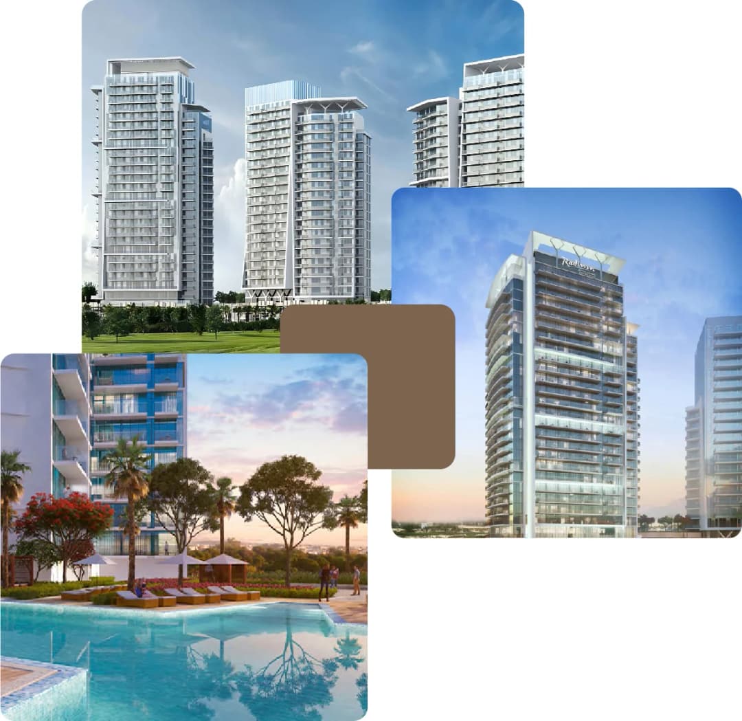 Upscale apartment towers with pools and parks