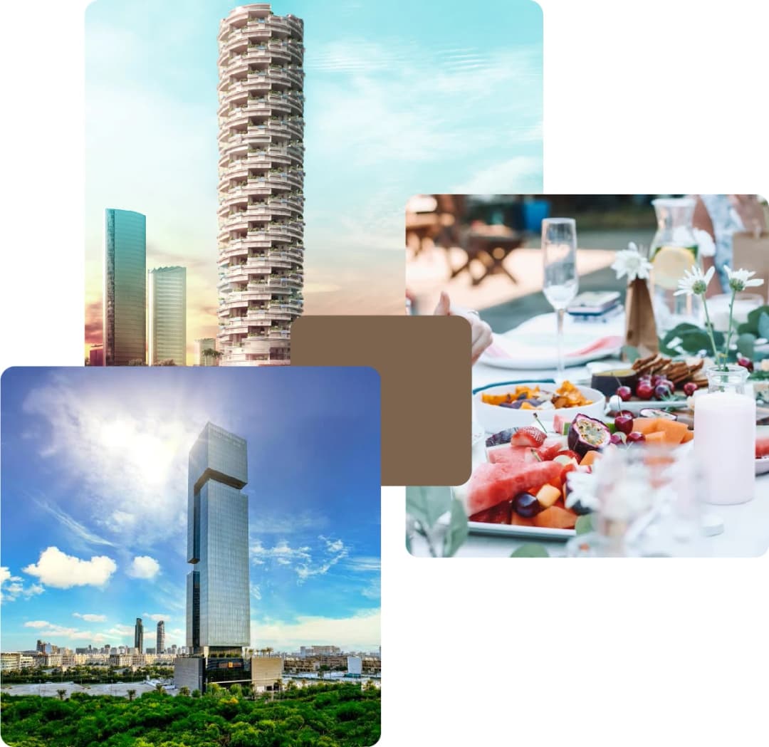 Unique skyscrapers and luxury dining setup