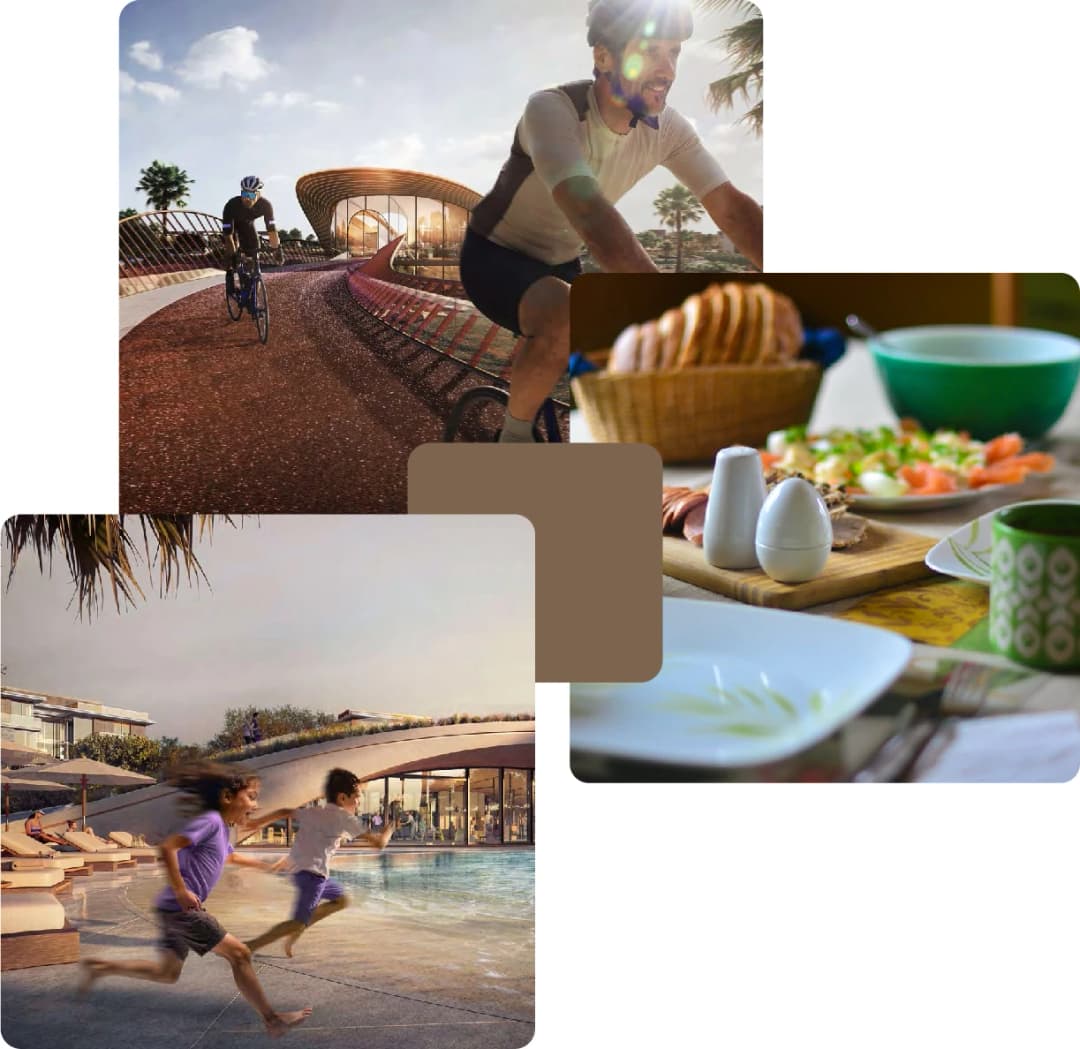 Cycling track, kids at pool, and breakfast spread