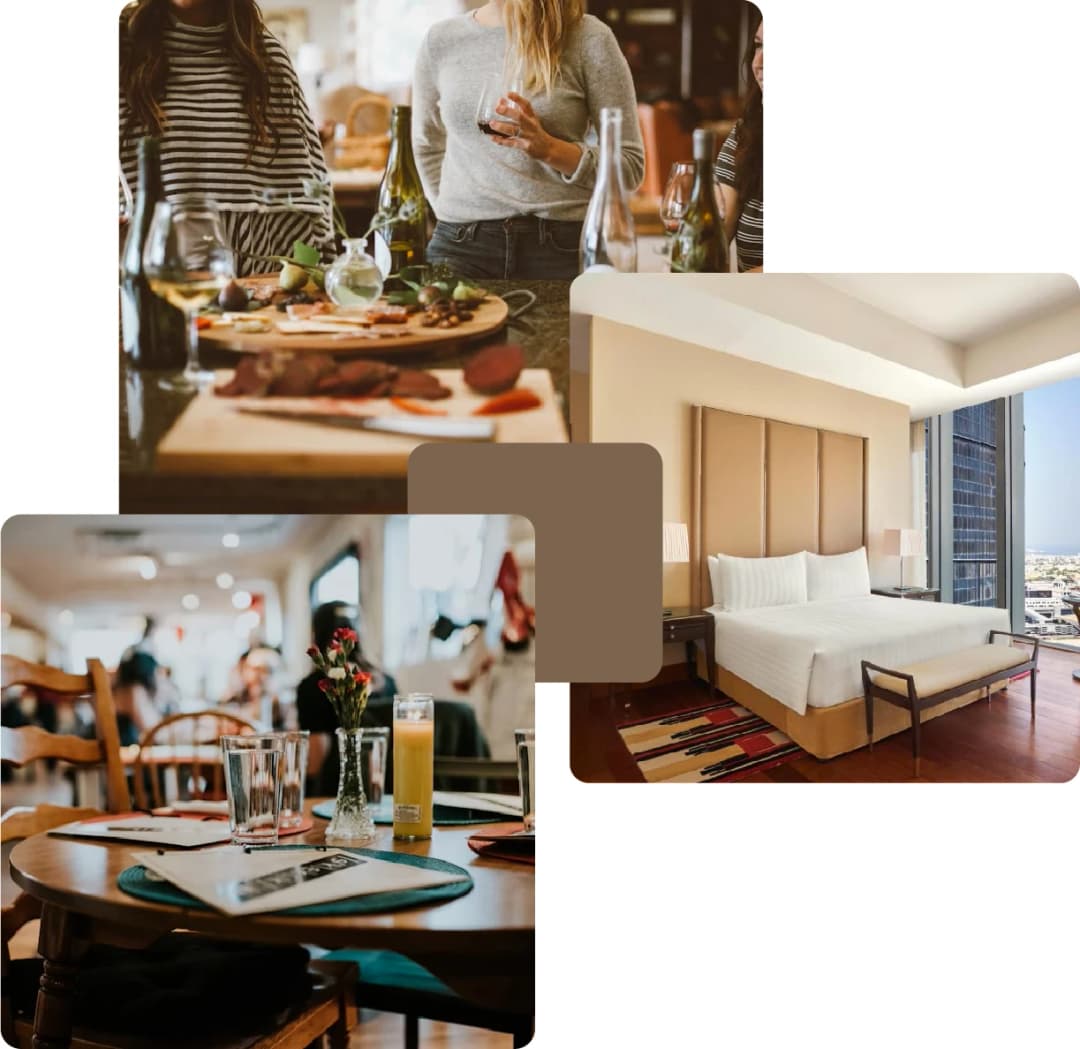 People dining at a restaurant with a cozy hotel room view