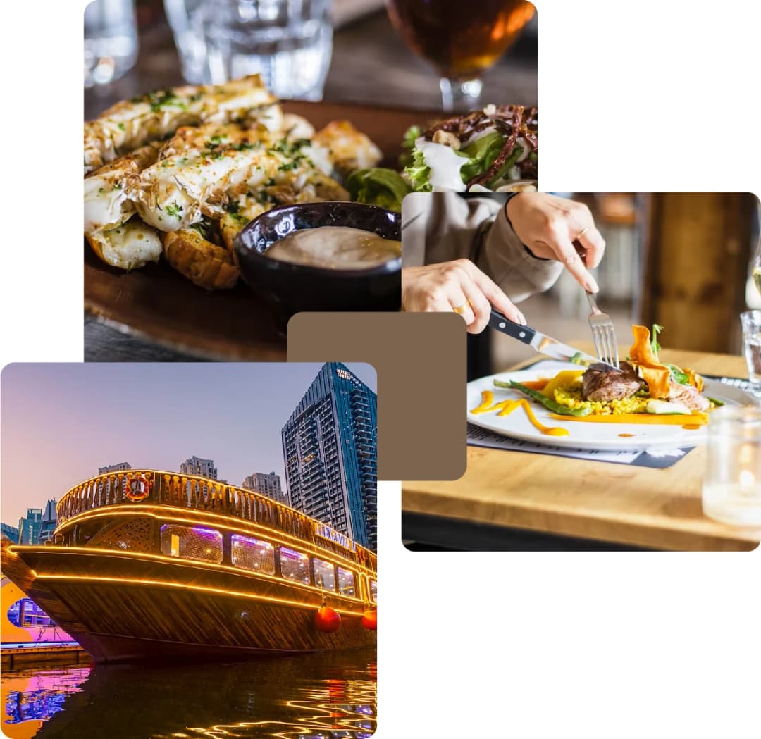 Fine dining dishes and a lit-up dhow cruise boat