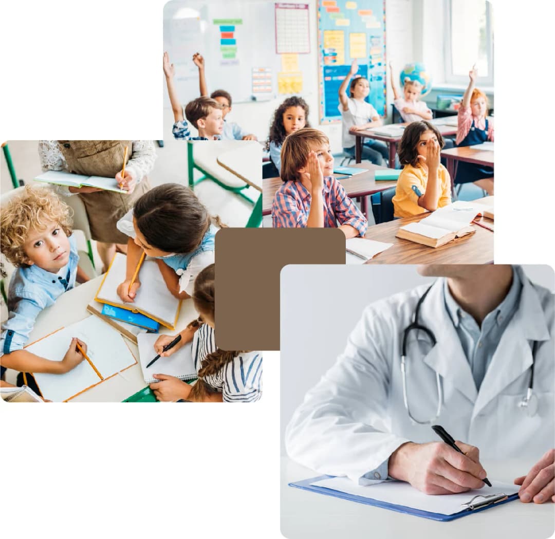 School children learning and doctor writing notes