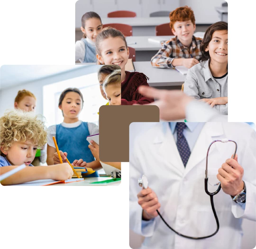School kids learning and doctor holding stethoscope