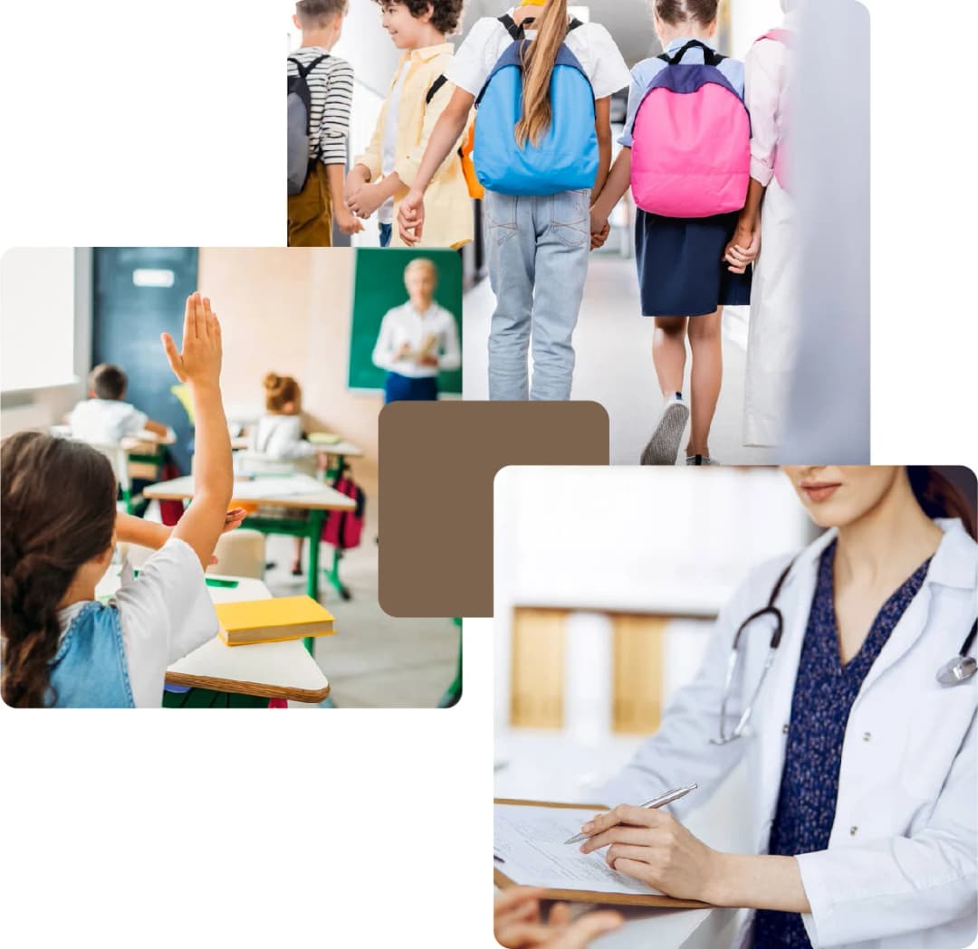 Children in class, walking, and a doctor writing
