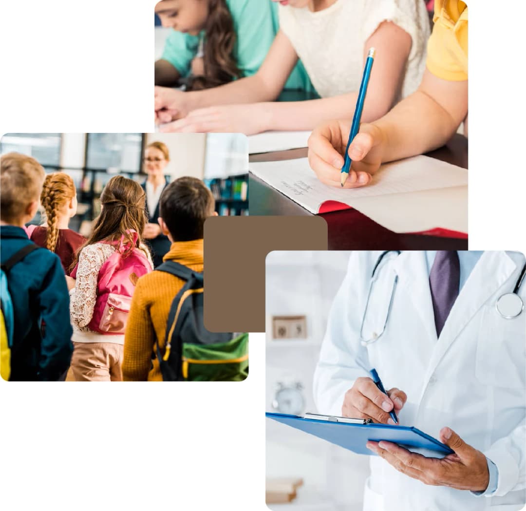 Children learning and doctor with clipboard