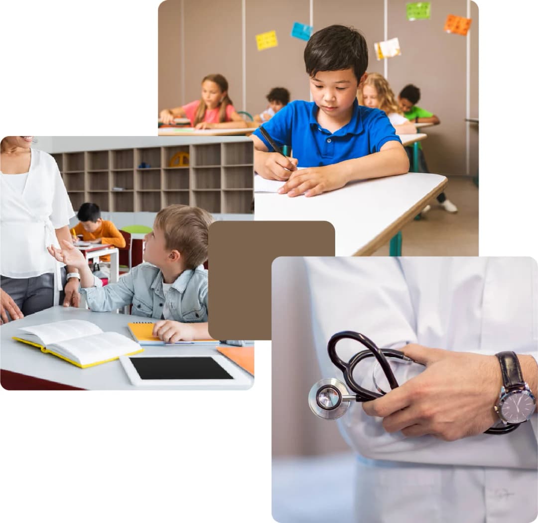 Schoolchildren learning with teacher and doctor