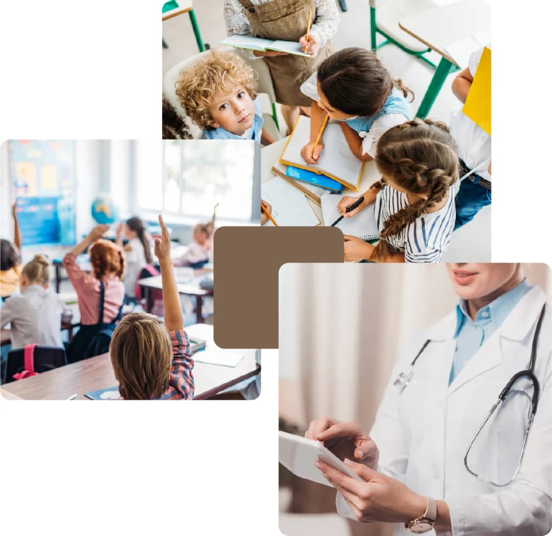 Children in class and a doctor using a tablet