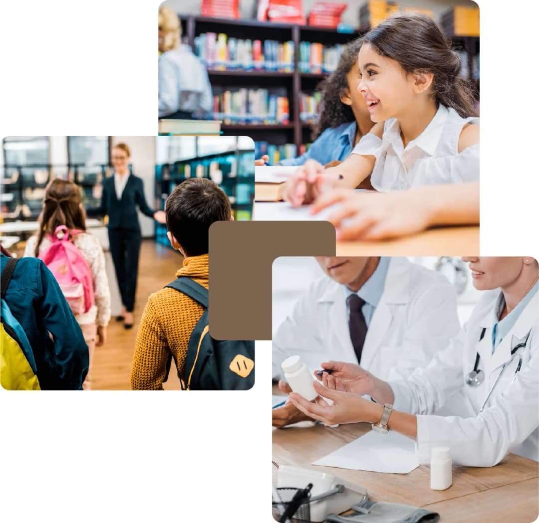 Children at school and a doctor reviewing a prescription