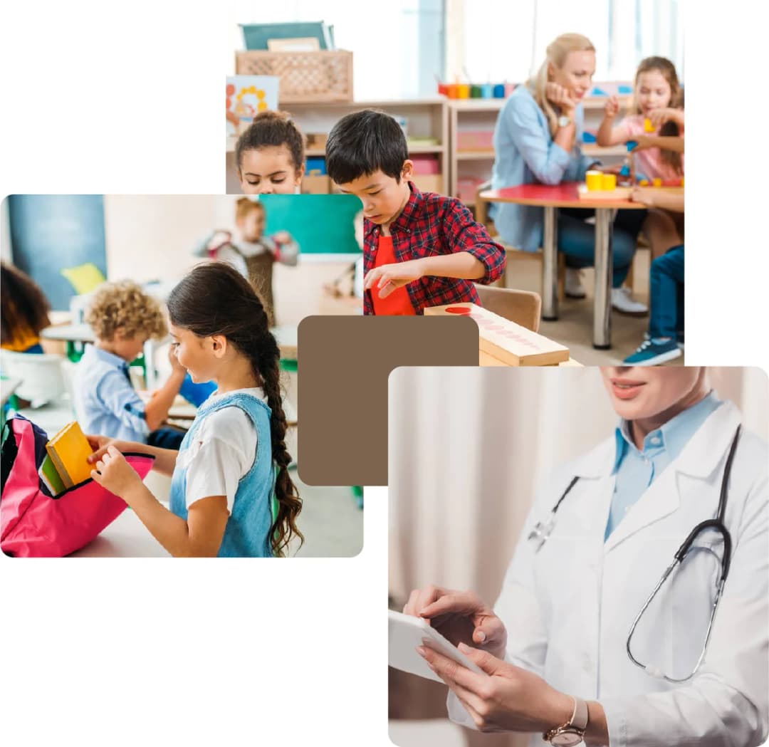 Children playing in the classroom and healthcare professional with tablet