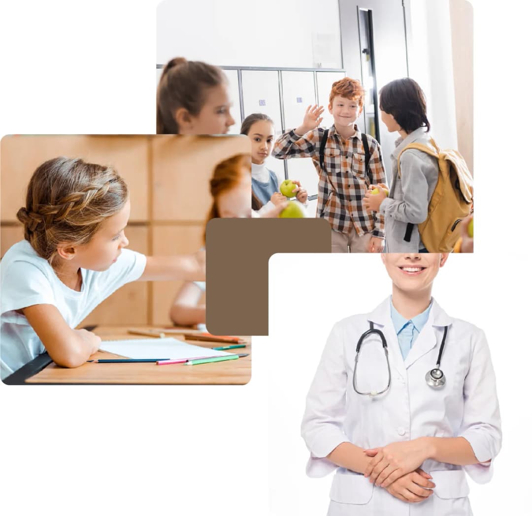 Children in classroom and healthcare professional in office