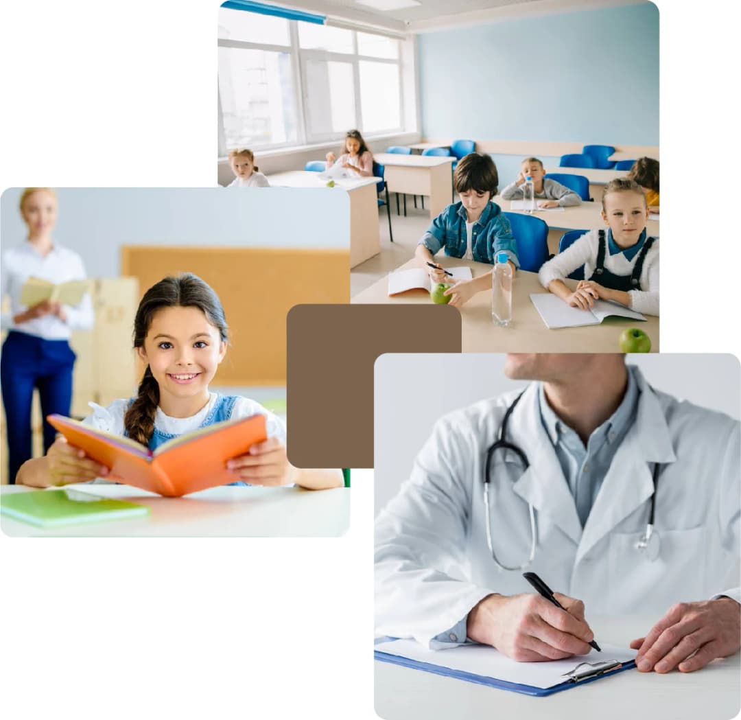 Students in a classroom with a teacher and notebooks