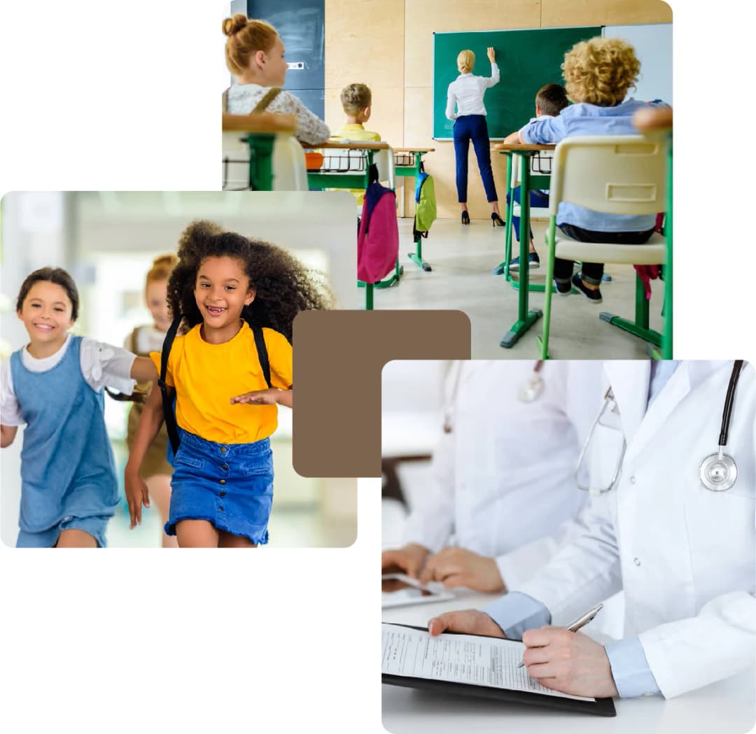 Kids in school with teachers and medical staff