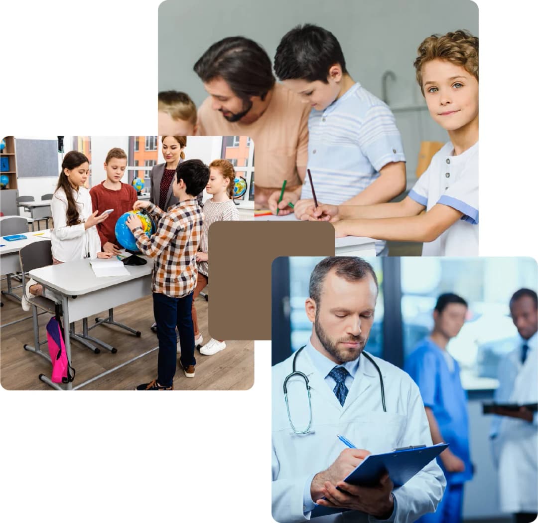 Students in class and doctors in discussion