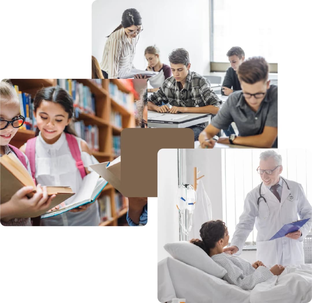 Students reading and doctors attending patient