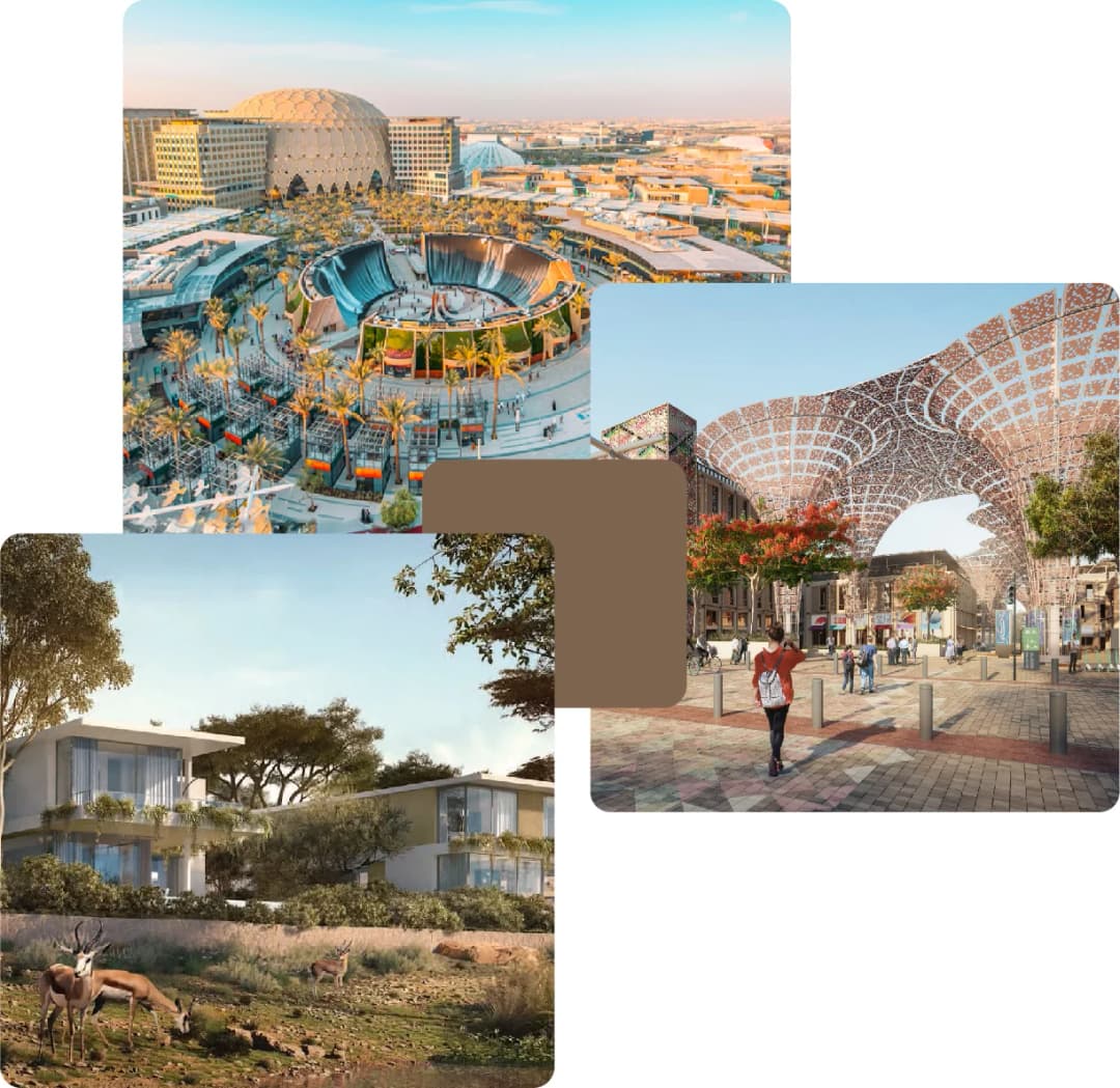 Expo-style dome, cultural plaza, and villas near wildlife