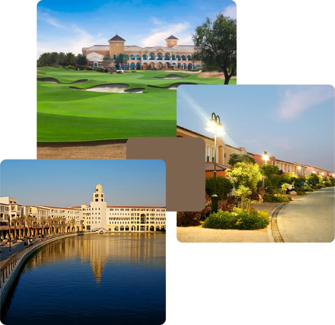 Golf course, villa-lined street, and waterfront town