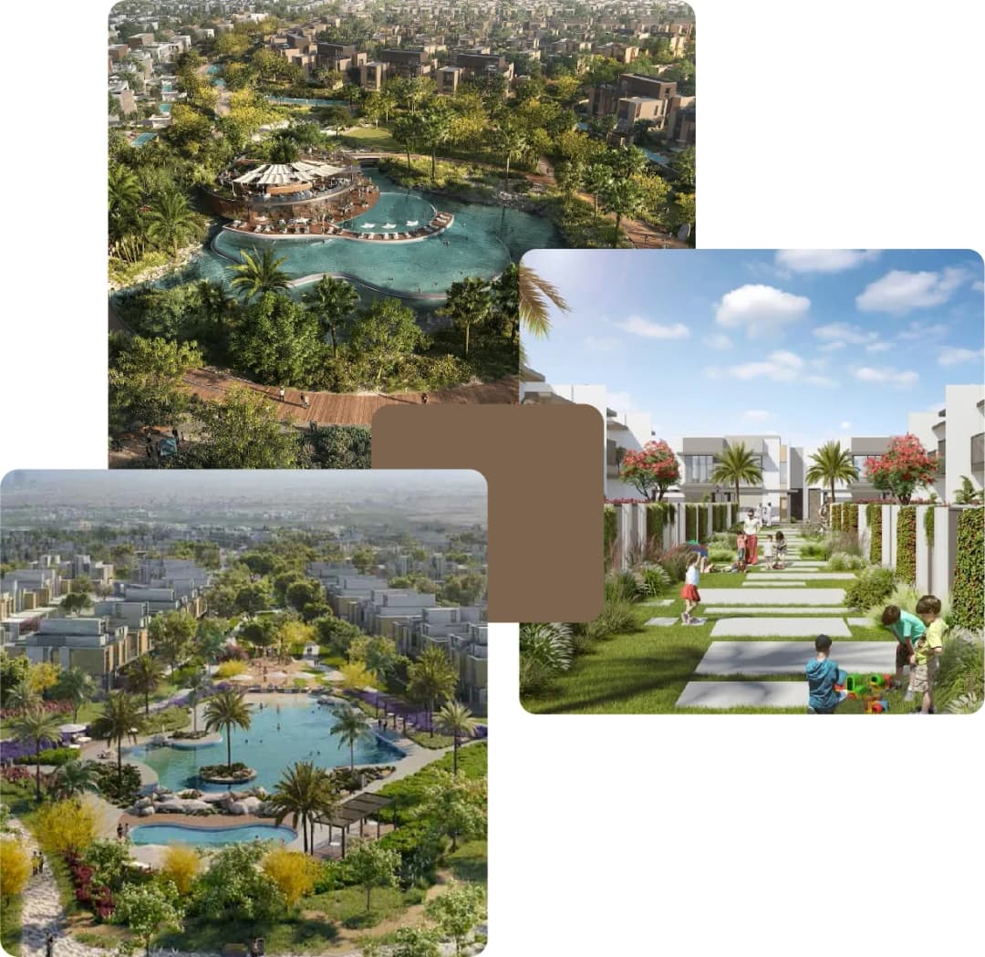 Residential development with a pool, garden, and playground