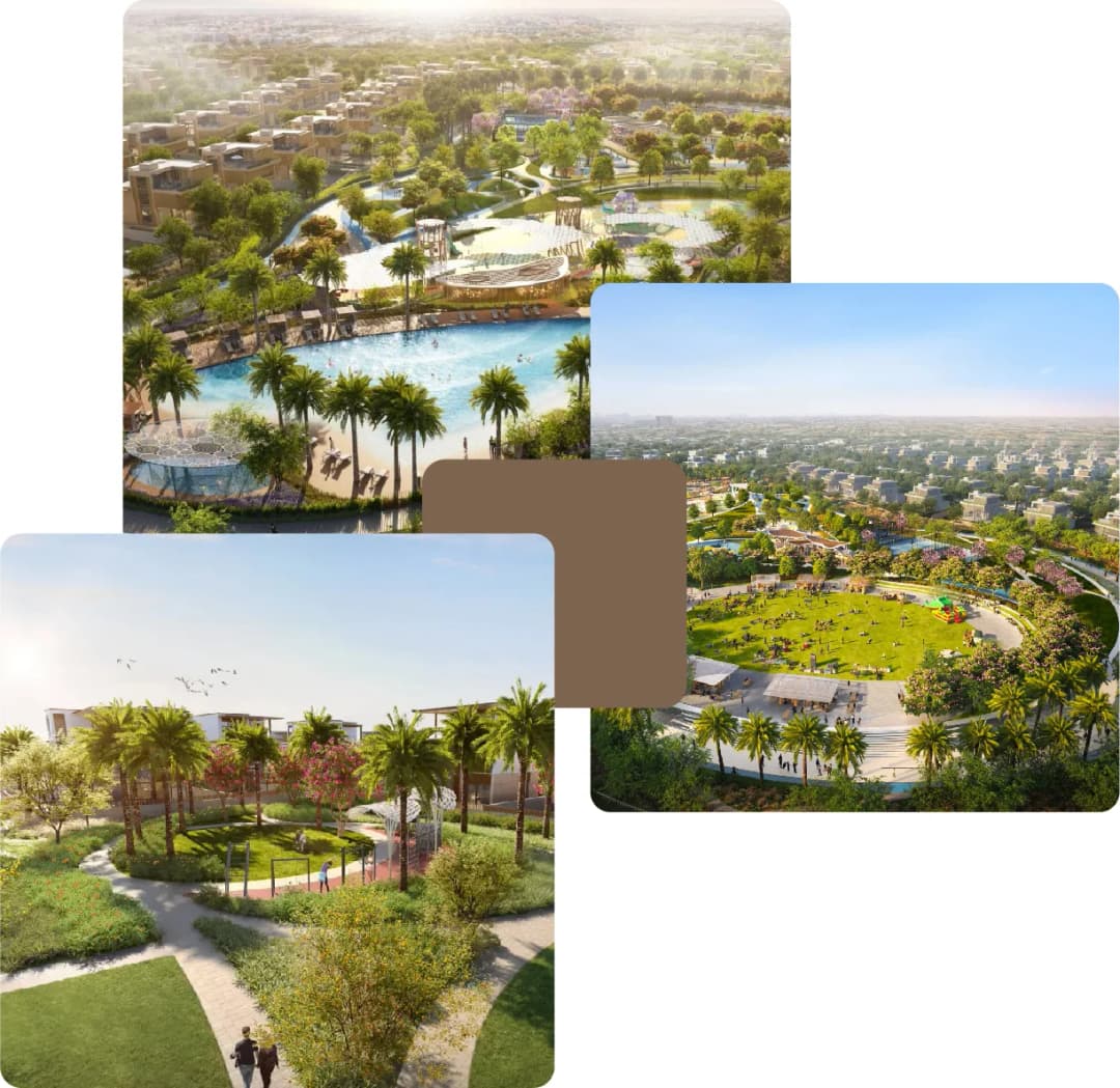 Aerial view of a large residential area with parks and amenities